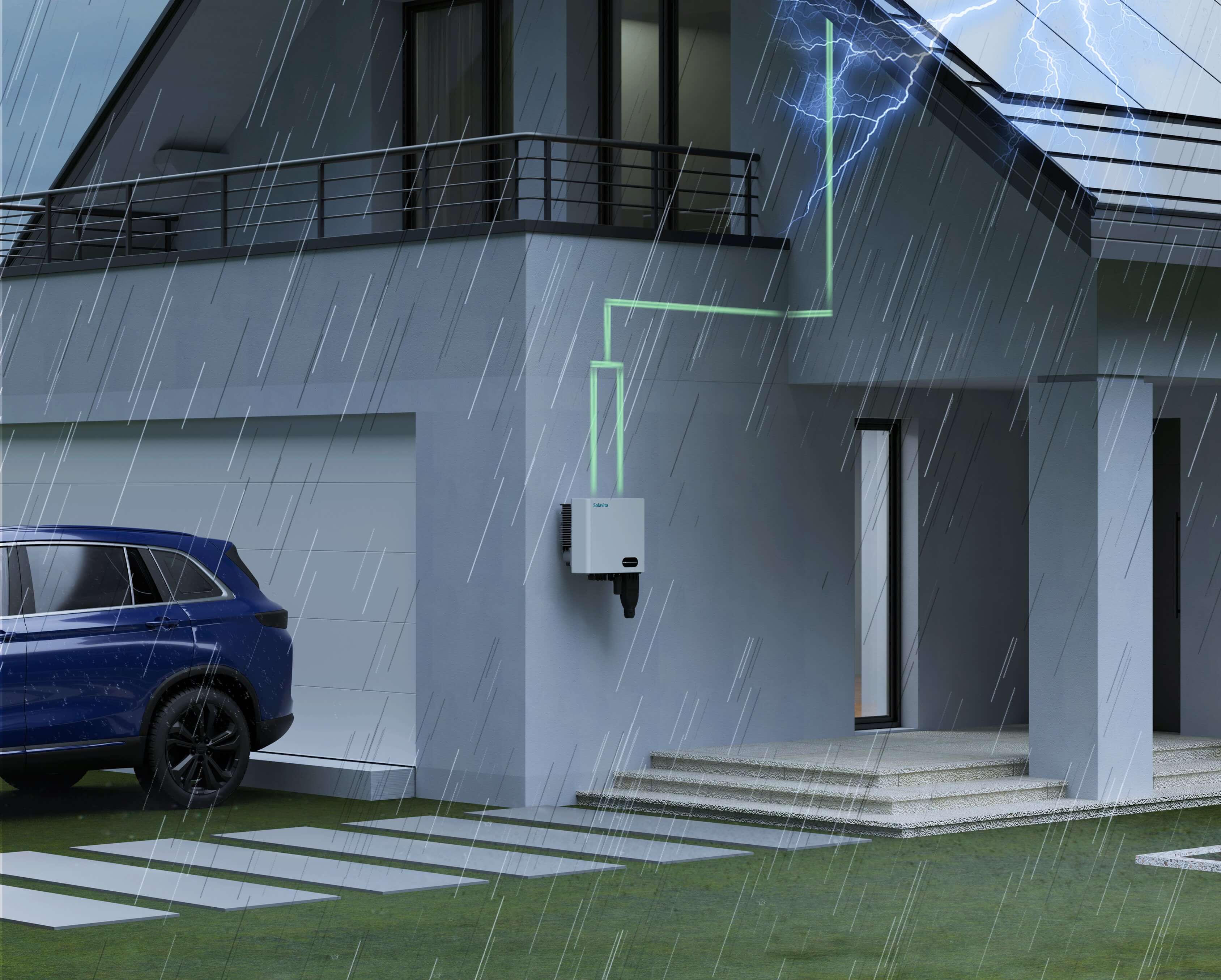 Solavita inverter installed on the wall of a house with lightning strike and heavy rain, highlighting the Type II SPD protection system ensuring safety during stormy weather conditions