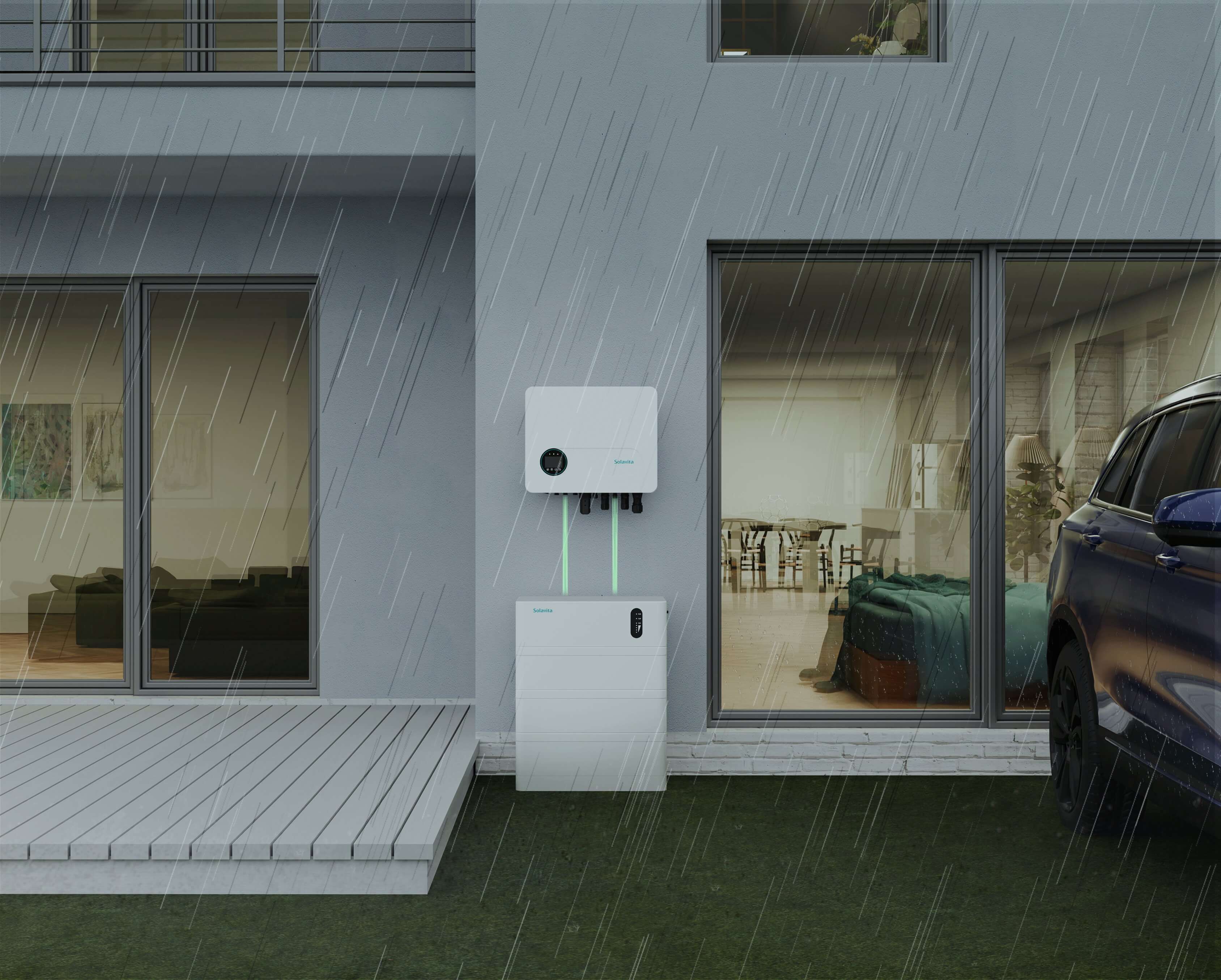 Solavita hybrid inverter system installed outside a modern home, protected from rain, with a sleek, compact design, showcasing the durability and aesthetic integration into residential architecture