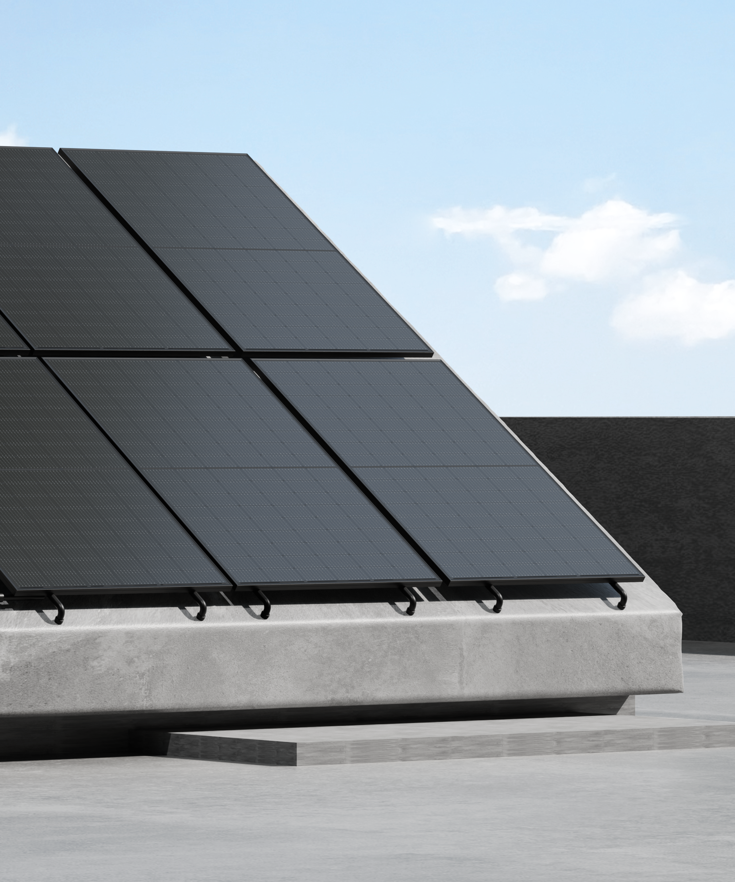 Solavita black solar panels installed on a pitched concrete roof under clear sky